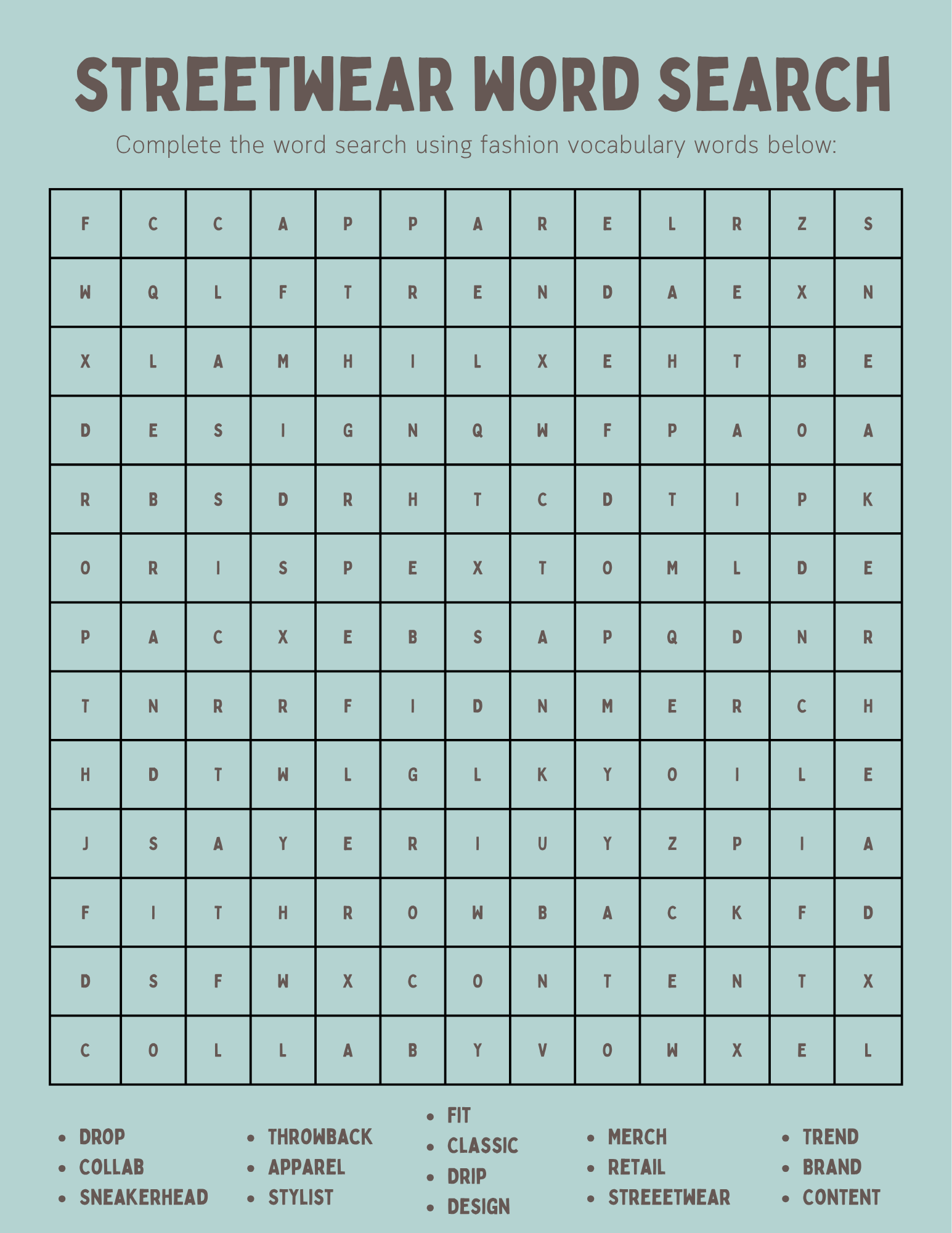 Sample completed CIF Streetwear Word Search puzzle